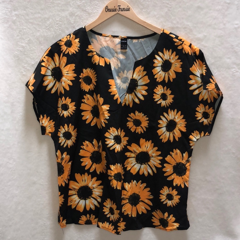 Shein Notch Neck Floral Sunflower Print Top, NWOT